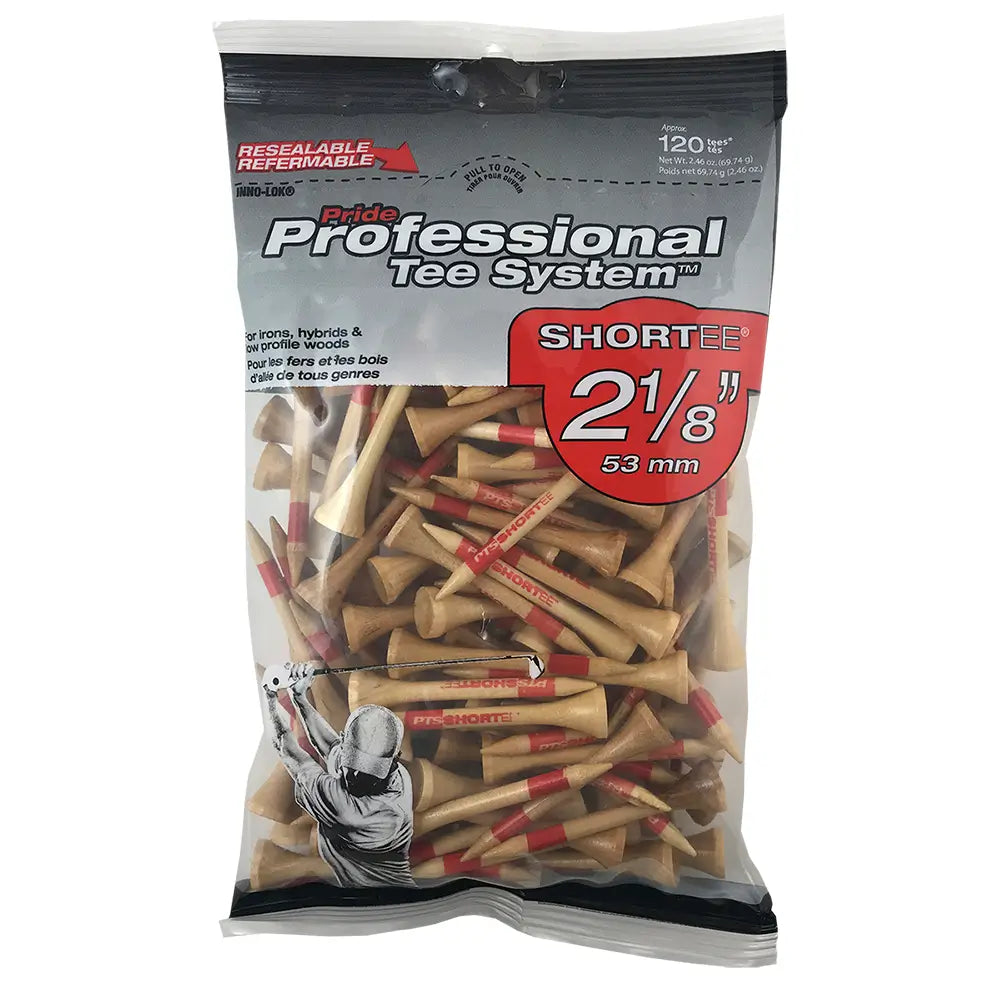 Package of 120 natural golf tees with red 'ShorTEE' branding on a white background