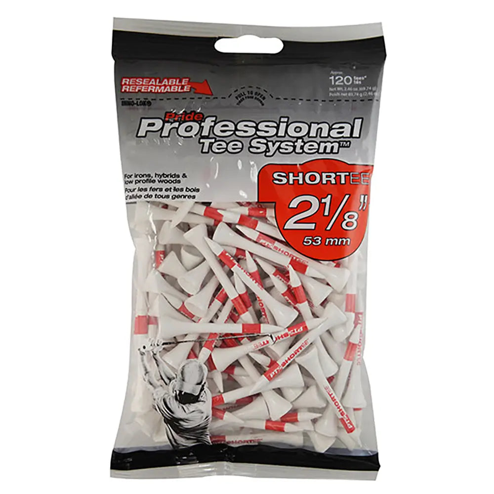 Package of 120 white golf tees with red 'ShorTEE' branding on a white background
