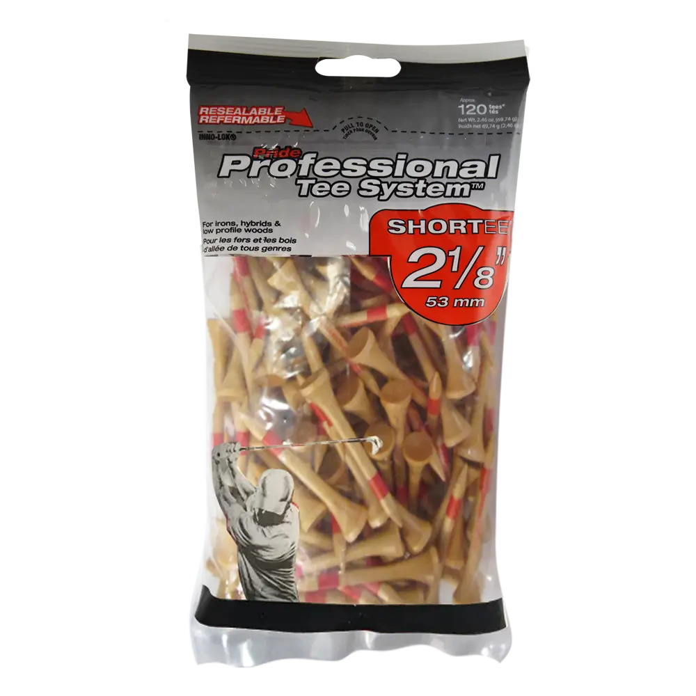 Package of 120 natural golf tees with red 'ShorTEE' branding on a white background