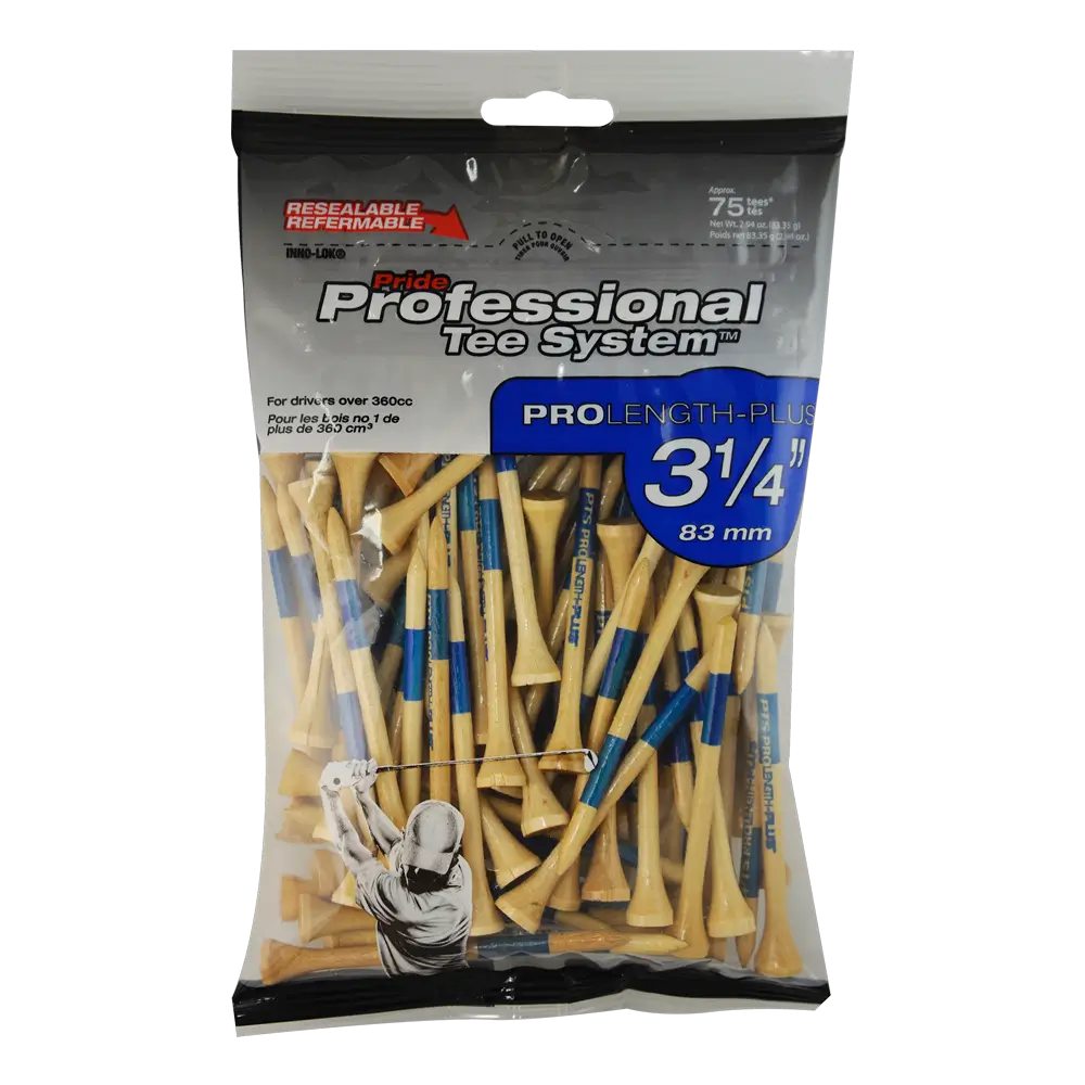 Pack of golf tees with packaging labeled 'Pride Professional Tee System' on a white background.