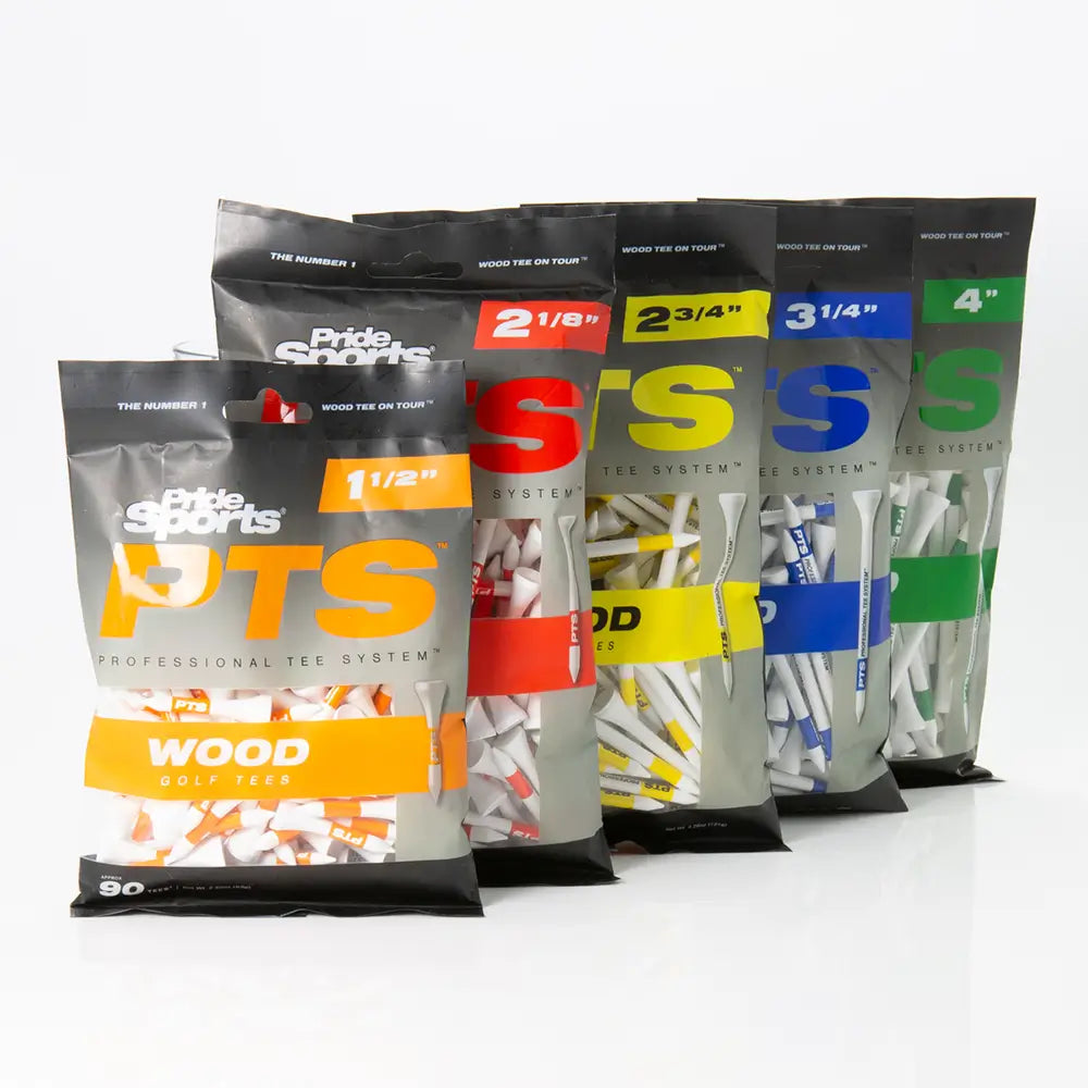 Collection of colorful bags of PTS golf tees on a white background