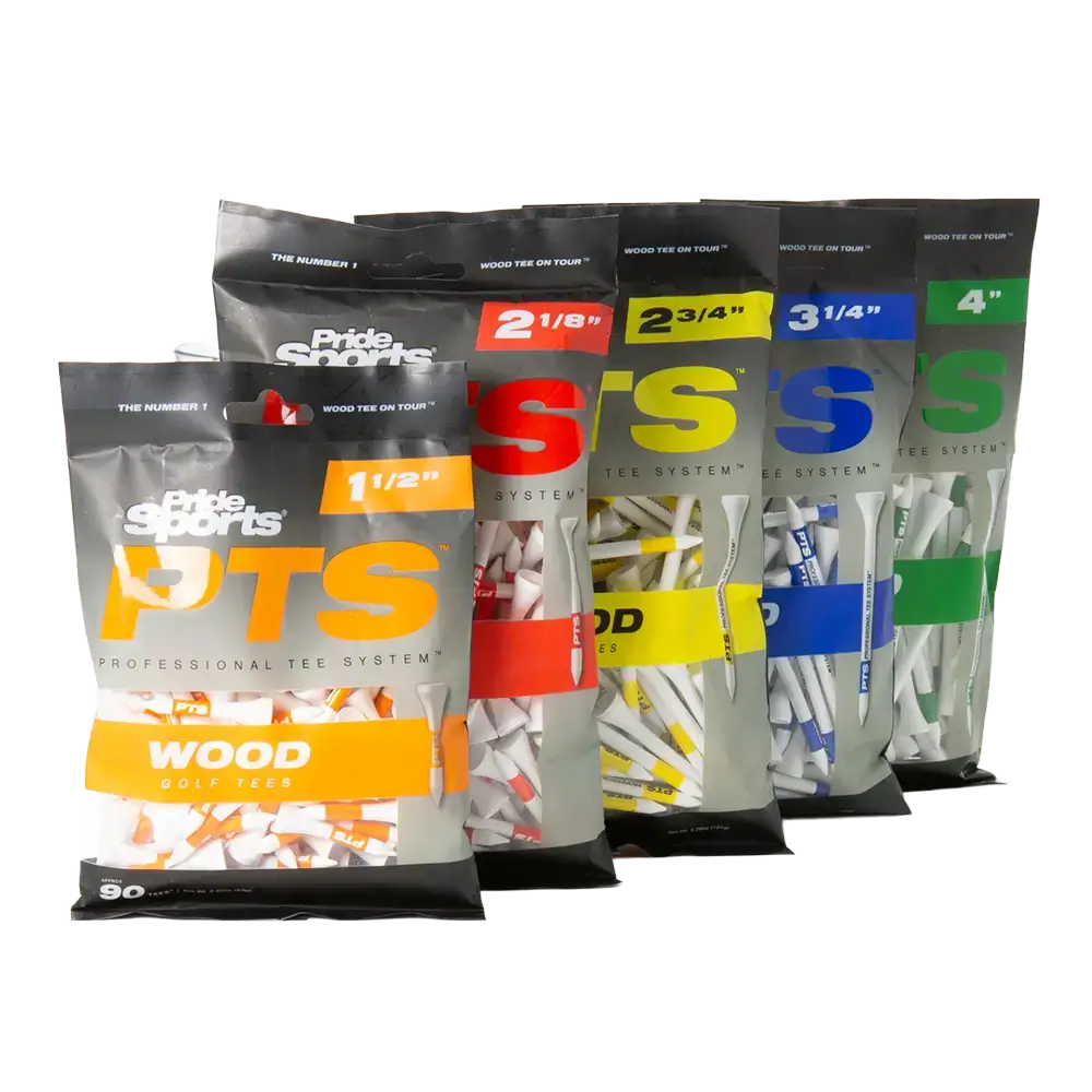 Collection of colorful bags of PTS golf tees on a white background