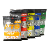 Collection of colorful bags of PTS golf tees on a white background