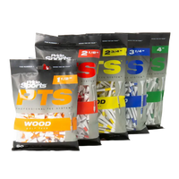 Collection of colorful bags of PTS golf tees on a white background