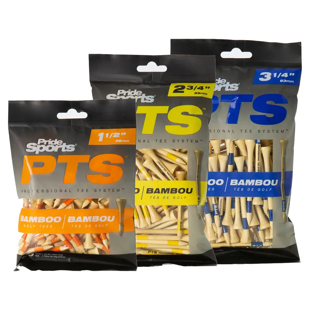 Three of the PTS bamboo tee packaging.