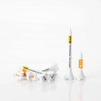 Selection of white golf tees with colorful stripes with visible branding on a white background