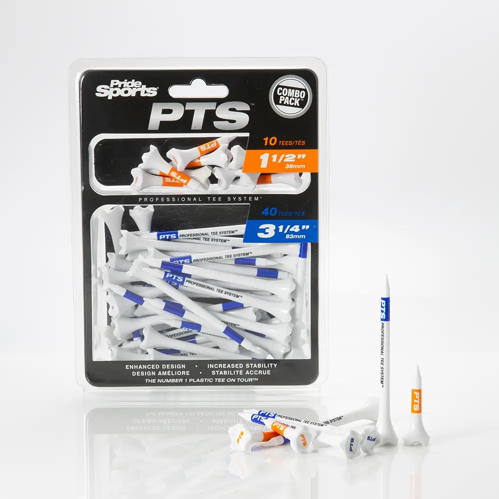 Pride Sports PTS golf tee packaging with multiple tees on a white background