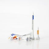 Set of golf tees with visible branding on a white background