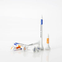 Set of golf tees with visible branding on a white background