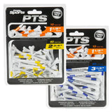 Packs of PTS golf tees with different sizes on a white background