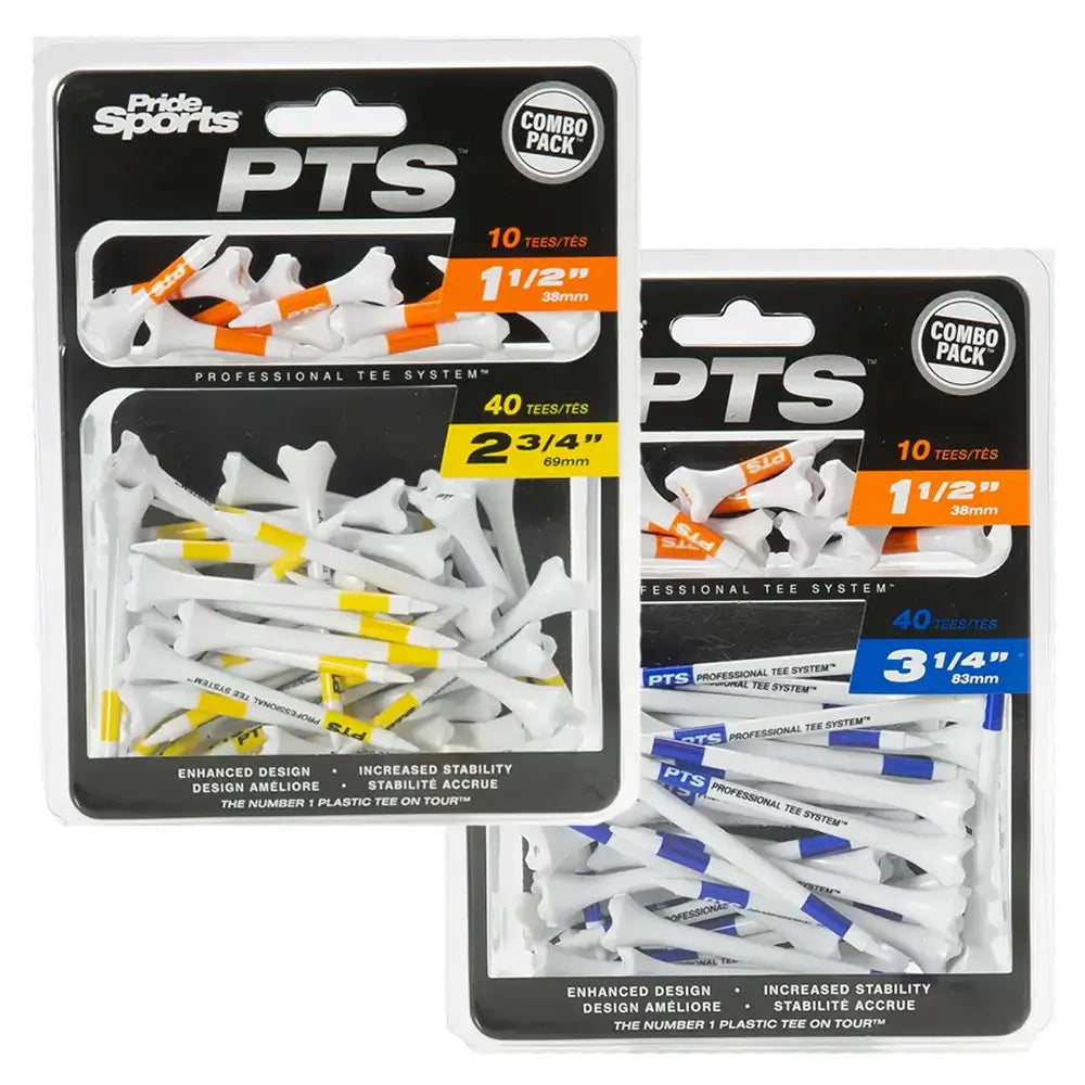 Packs of PTS golf tees with different sizes on a white background