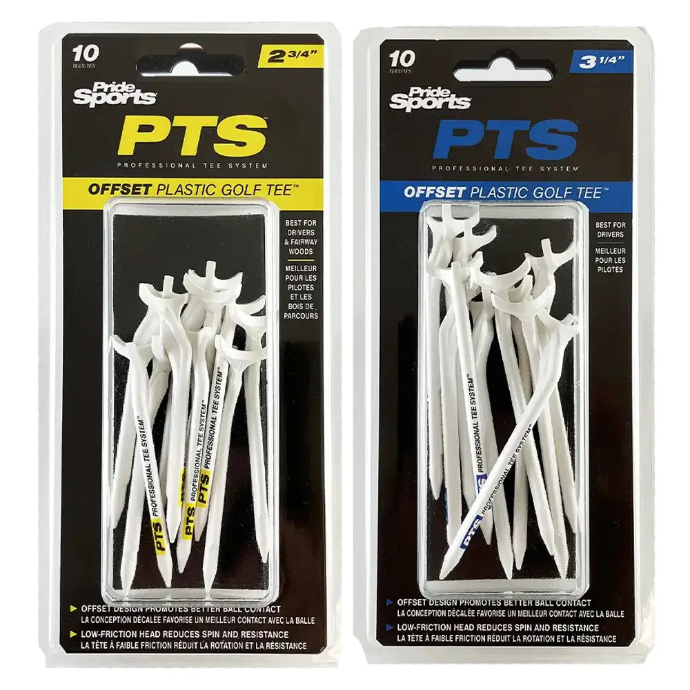 Two packages of Pride Sports PTS offset plastic golf tees on a white background