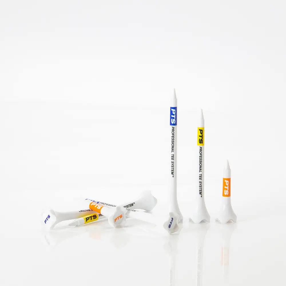 Different sizes of PTS golf tees on a white background