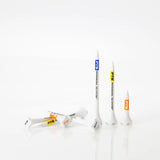 Different sizes of PTS golf tees on a white background