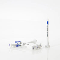 White golf tees with PTS branding on a white background