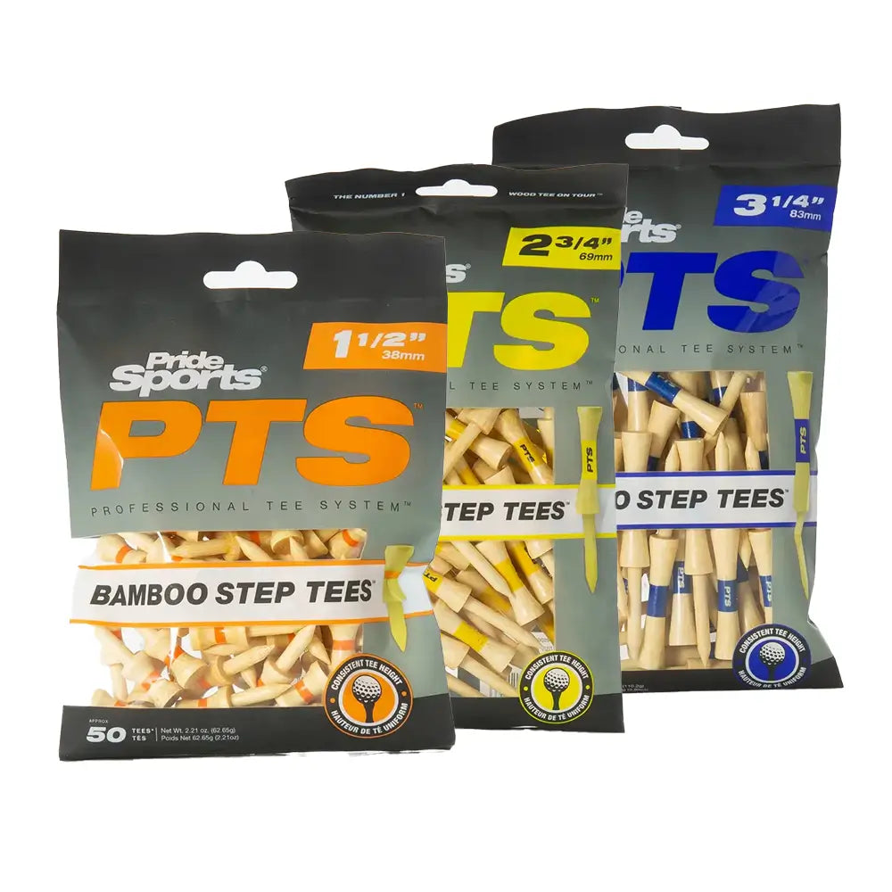 Different colored bags of different length golf tees on a white background