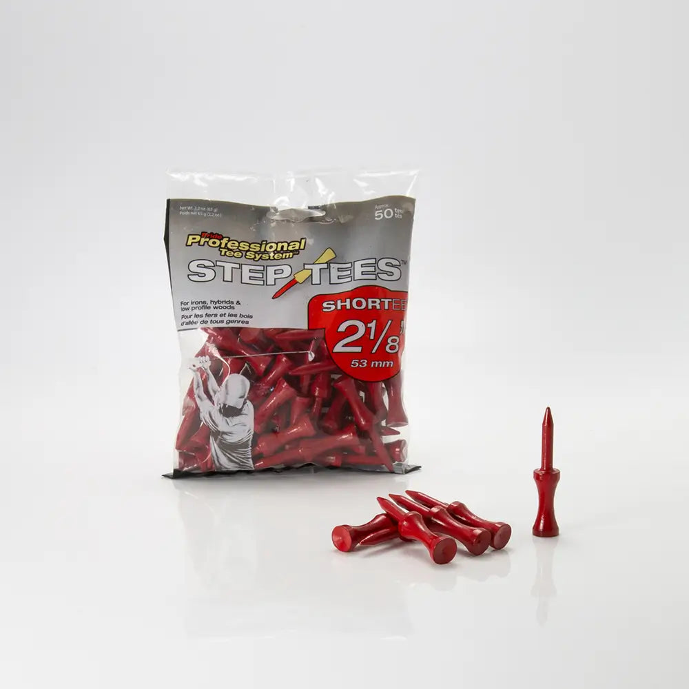 Bag of red golf tees with a clear top, showing a few tees on a white background.