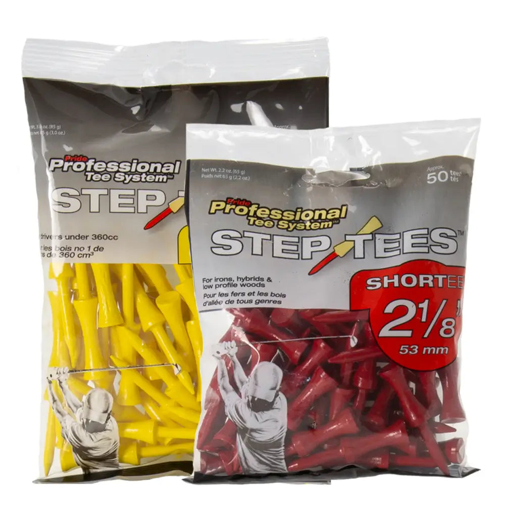 Two packages of golf tees, one yellow and one red, with branding and product details.