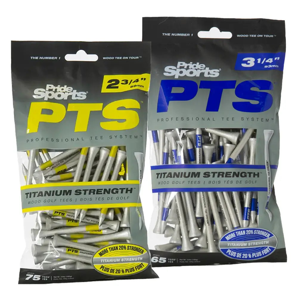 Two packages of Pride Sports PTS golf tees on a white background