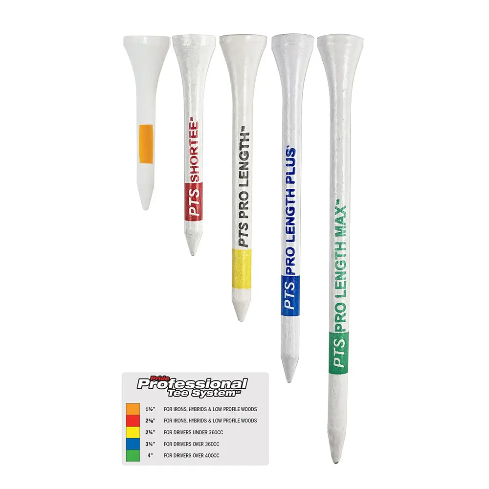 Variety of PTS tee lengths with descriptions on use on a white bacjground