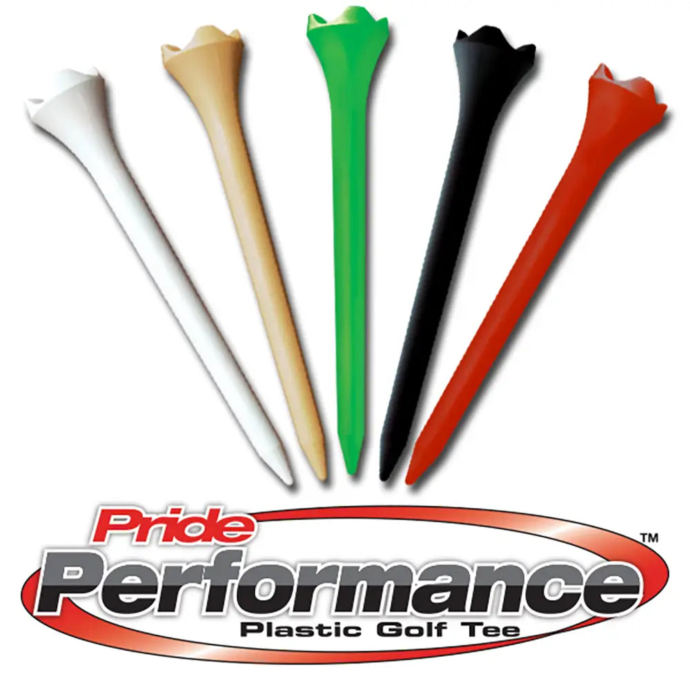 Set of colorful plastic golf tees with Pride Performance logo below.