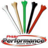 Set of colorful plastic golf tees with Pride Performance logo below.