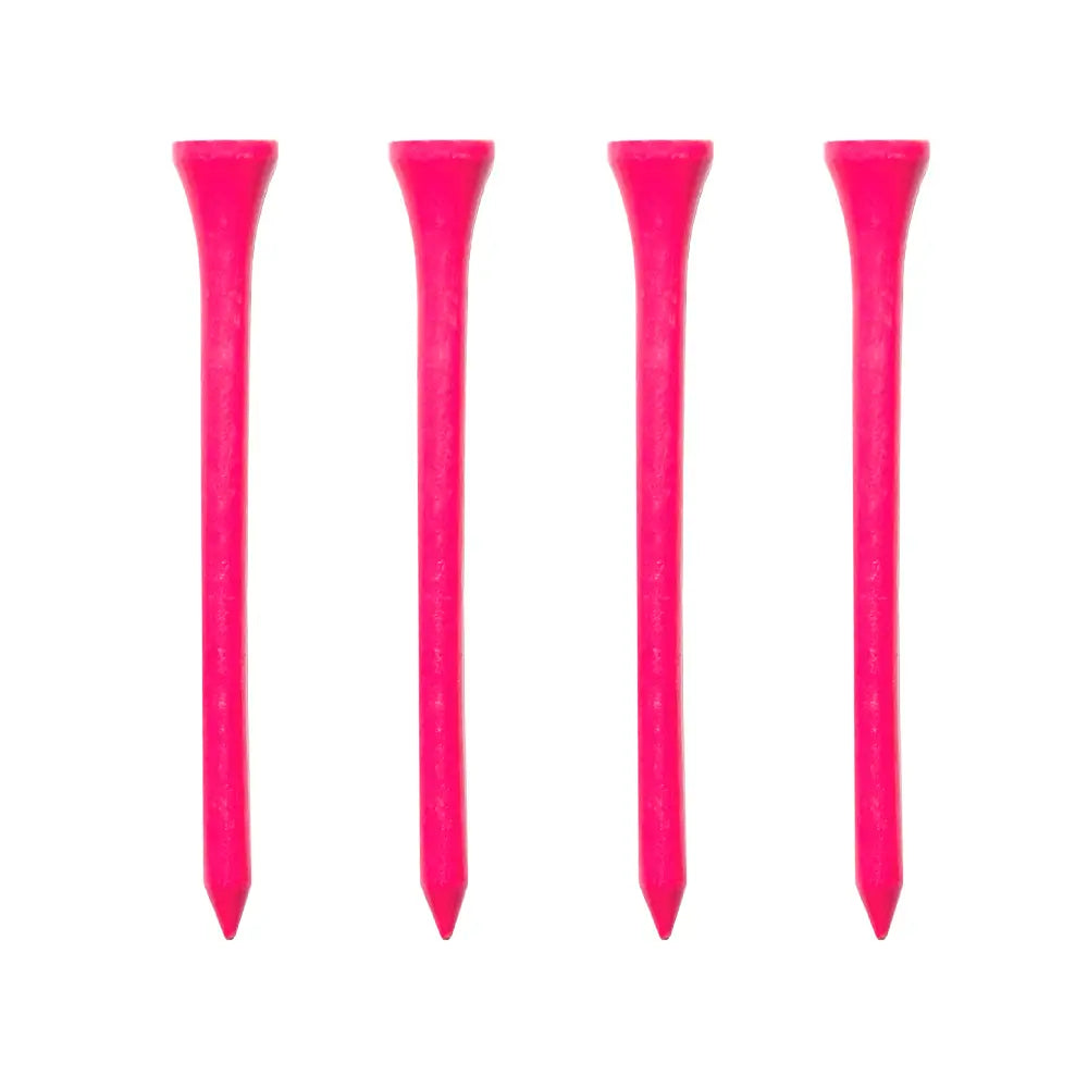 Four pink golf tees on a white background