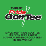 Pride Golf Tee logo on a green background with text about their history.