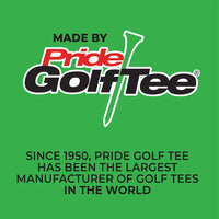 Pride Golf Tee logo on a green background with text about their history.