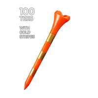 A Orange and Gold 2-3/4" Pride Performance® Striped Golf Tee showing it comes in 100 quantity. 