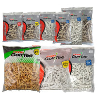 Multiple packs of wooden gold tees in different colors and quantities on a white background