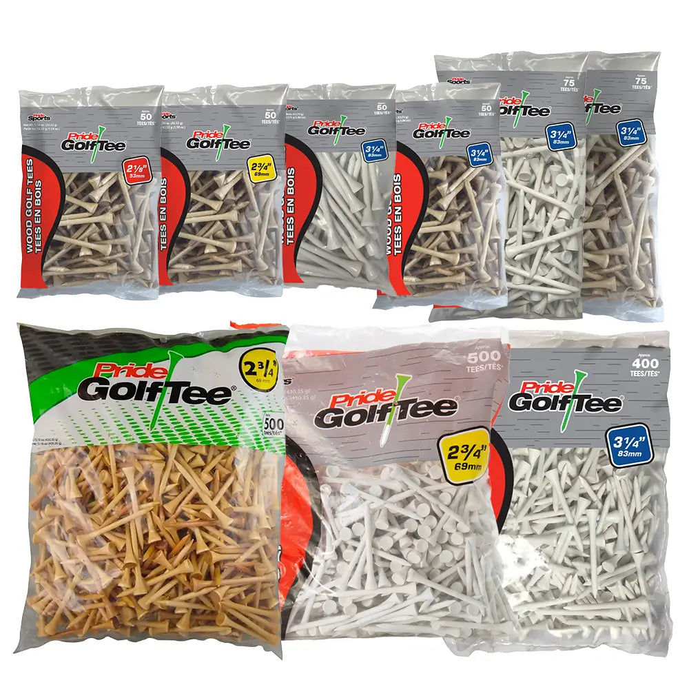 Multiple packs of wooden gold tees in different colors and quantities on a white background