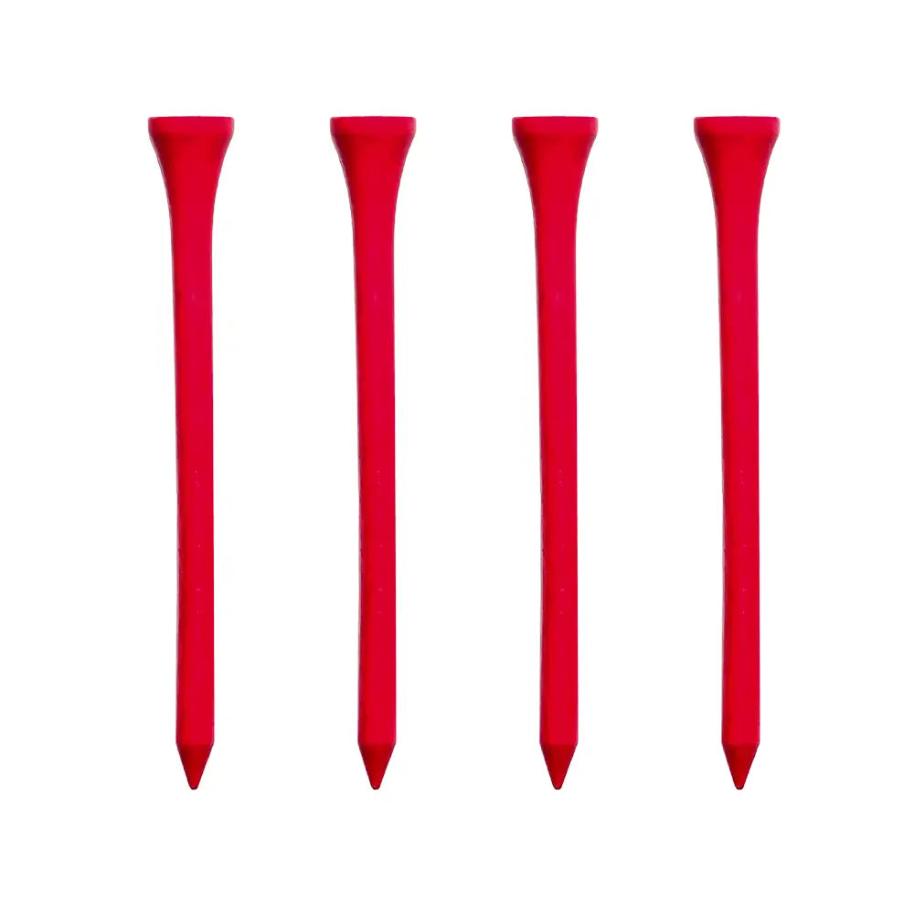 Four red golf tees on a white background