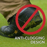 A shoe covered in grass turf with text underneath saying anti-clogging design. 