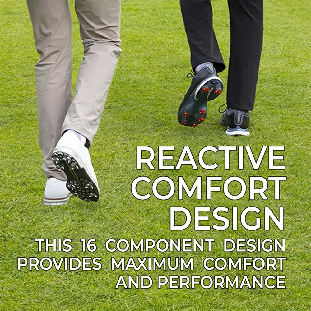 Two men walking in golf shoes. Reactive comfort design. 