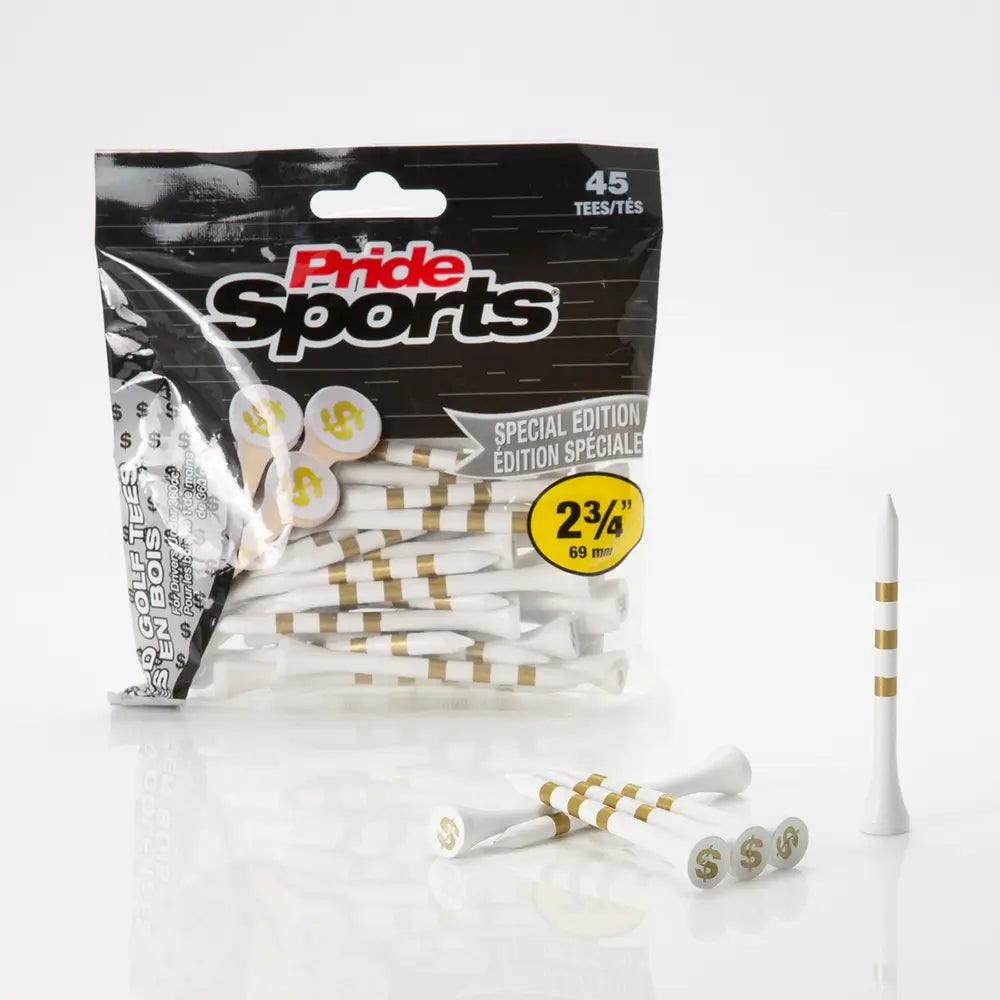 Pride Sports golf tees packaging with gold and white tees on a white background