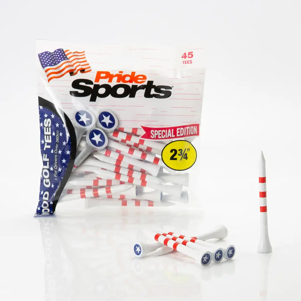 Package of PrideSports golf tees with red and blue print of star and stripes on white tees on a white background