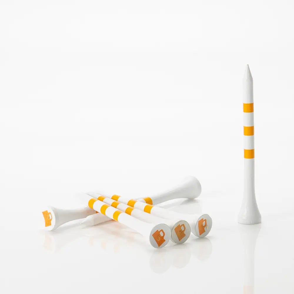 White golf tees with a beer mug print on a white background