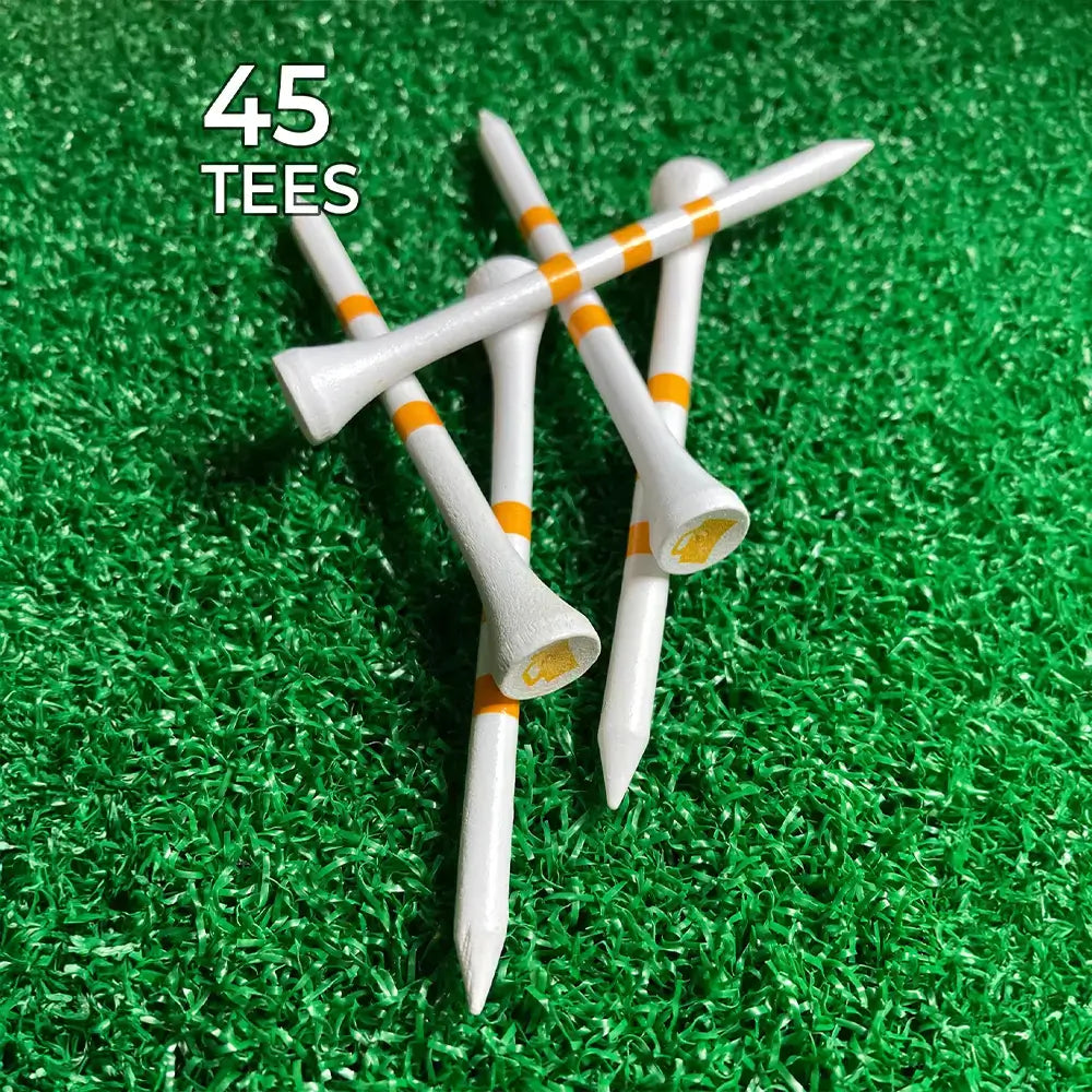 Golf tees with stripes on a green grass background, labeled '45 Tees'.
