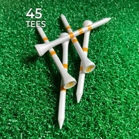 Golf tees with stripes on a green grass background, labeled '45 Tees'.