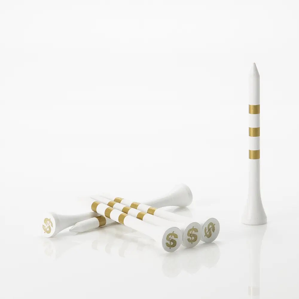 White golf tees with gold stripes and dollar signs on a white background
