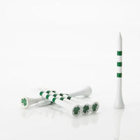 Green and white golf tees with shamrock design on a white background