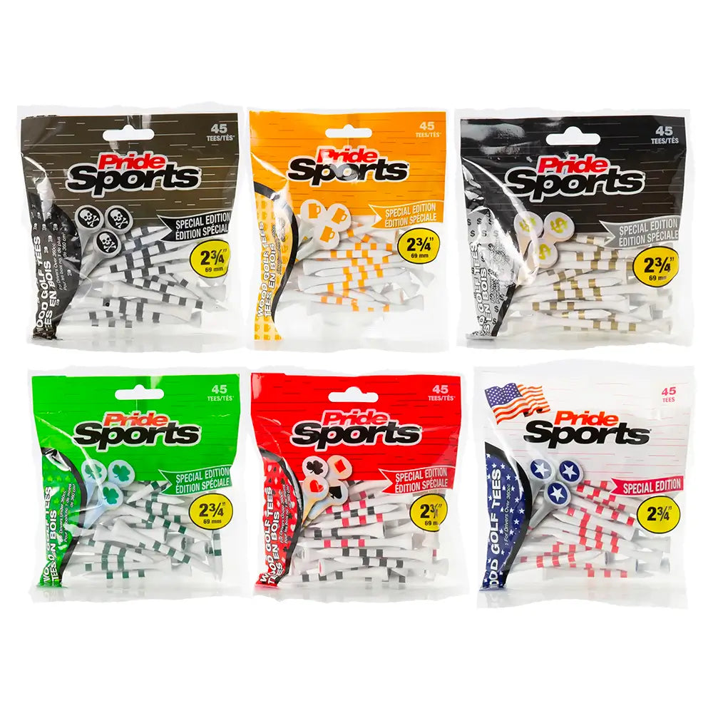Six packages of Pride Sports products with different color schemes on a white background