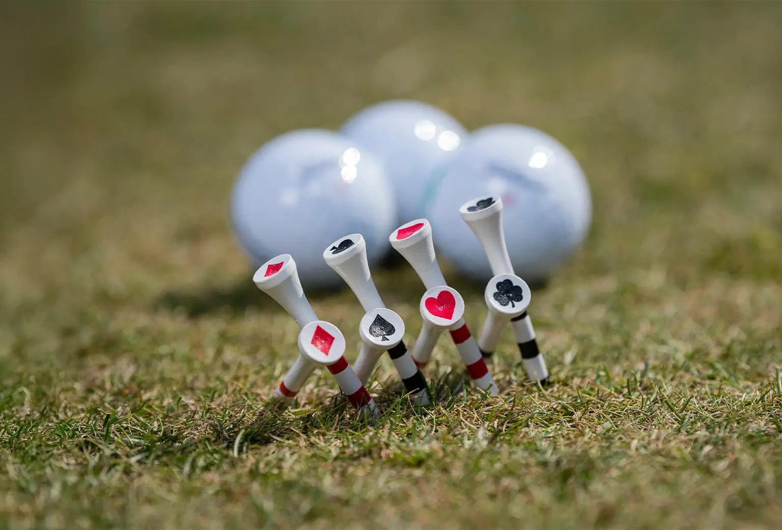 Eight specialized playing cards tees inserted into the ground with three golf balls positioned behind them. 