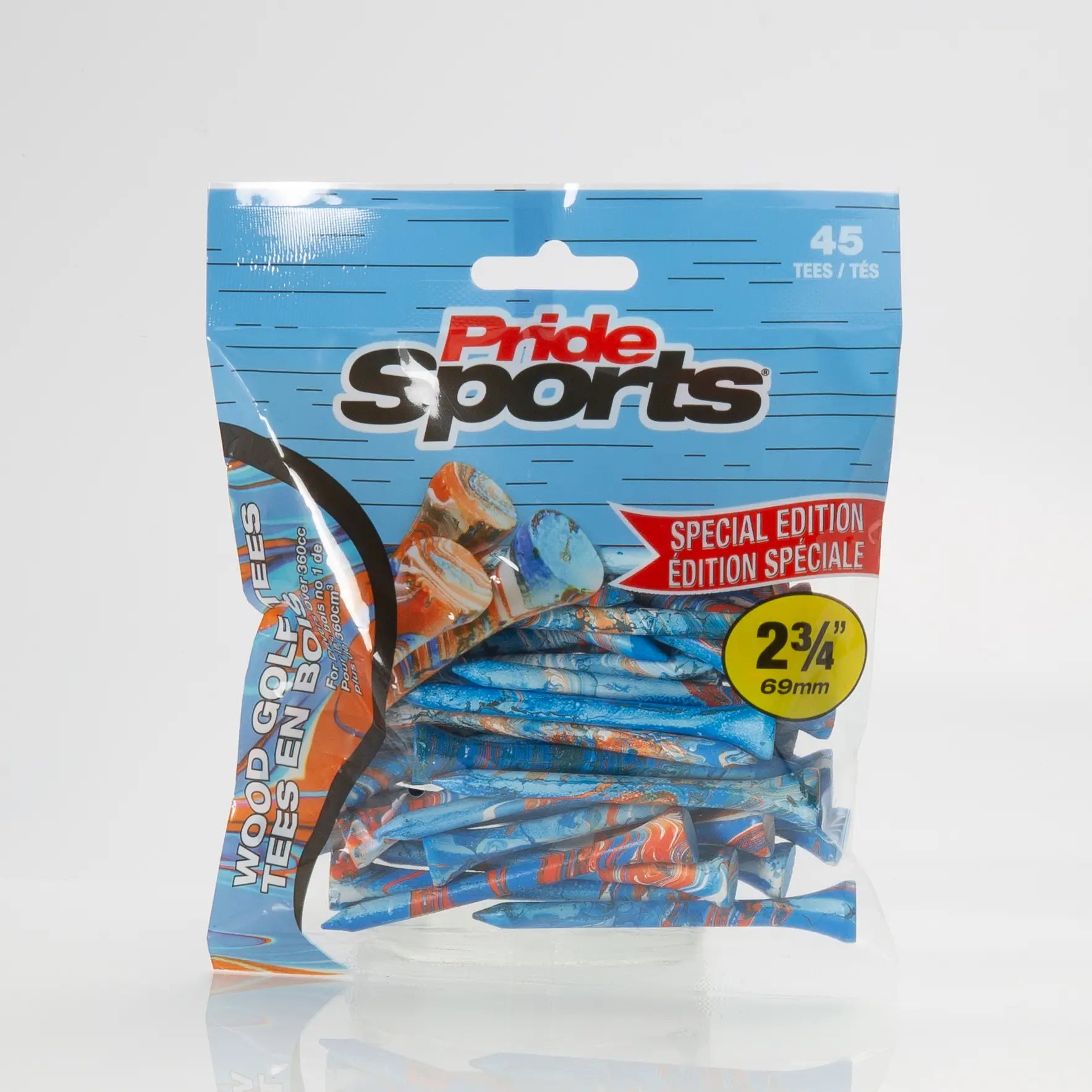 2-3/4" Paint Splatter Tee packaging in blue/orange colors with "Pride Sports" as the label. 