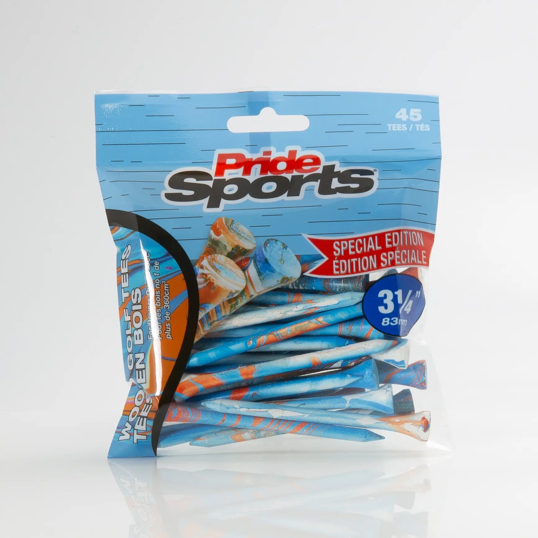 3-1/4" Paint Splatter Tee packaging in blue/orange colors with "Pride Sports" as the label. 