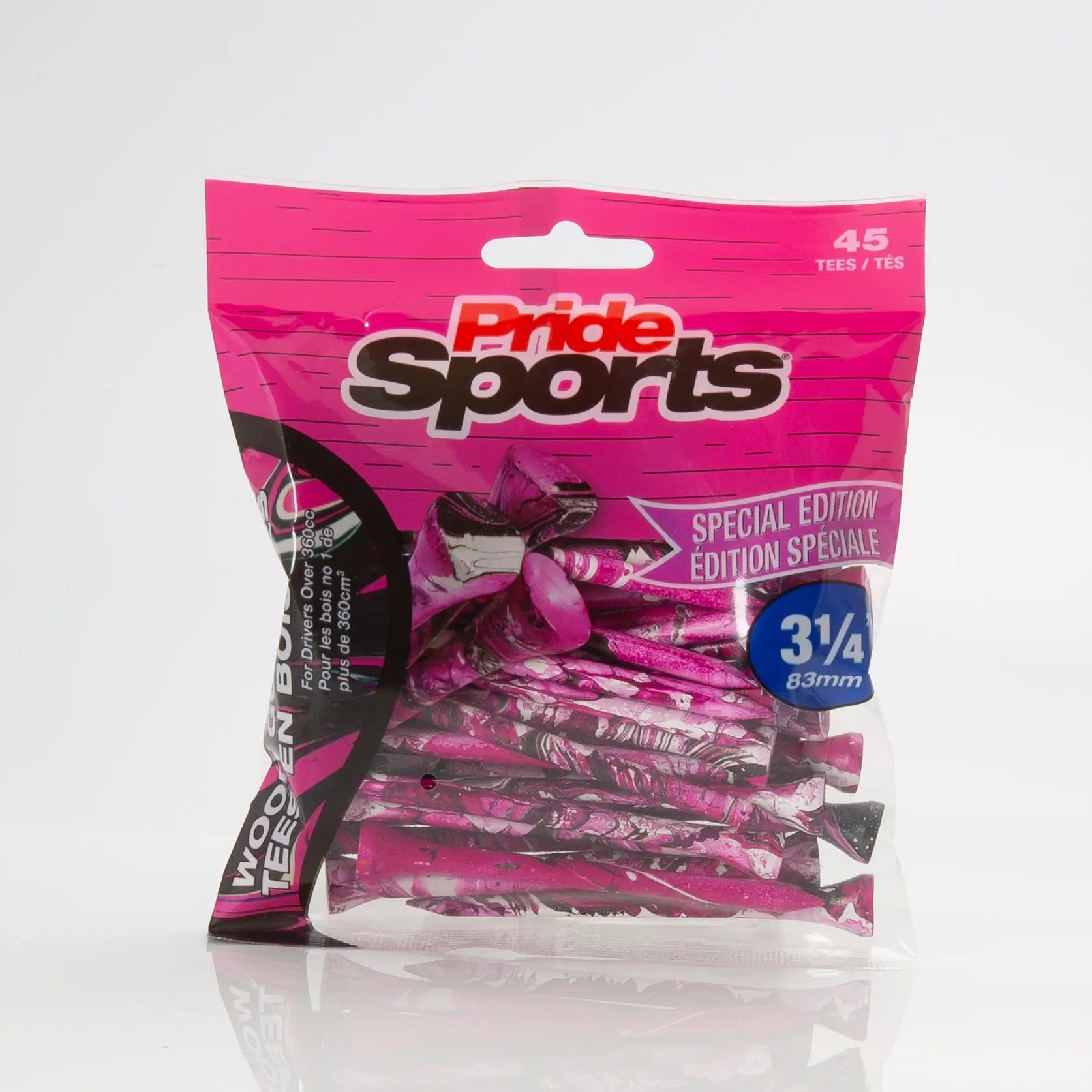 3-1/4" Paint Splatter Tee packaging in pink colors with "Pride Sports" as the label. 