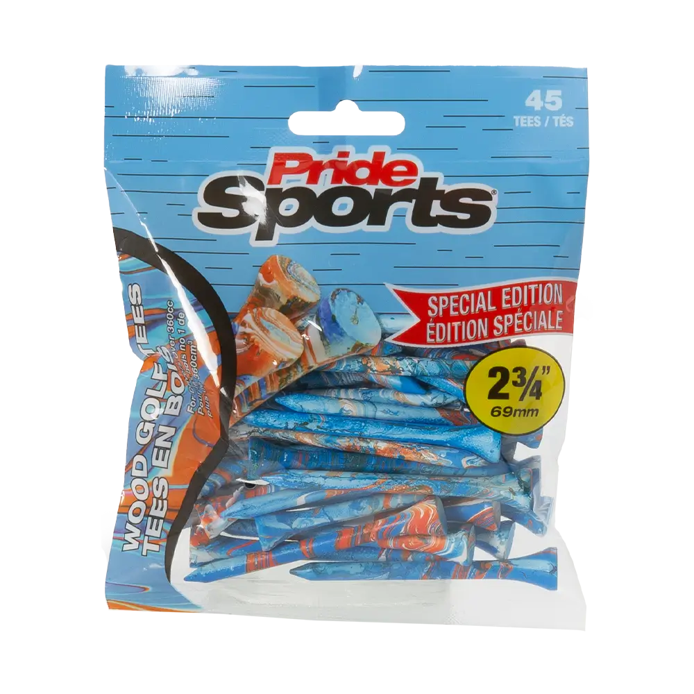 2-3/4" Paint Splatter Tee packaging in blue/orange colors with "Pride Sports" as the label.