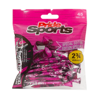 2-3/4" Paint Splatter Tee packaging in pink colors with "Pride Sports" as the label. 
