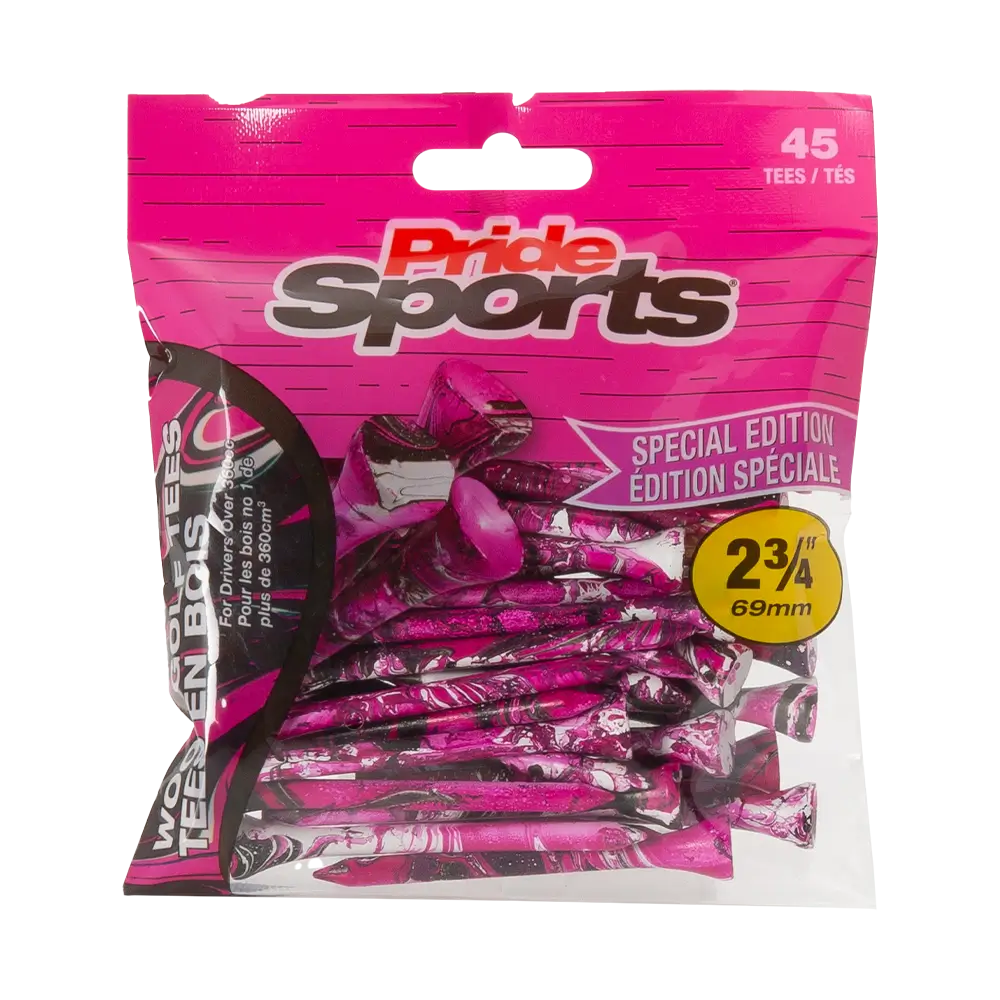 2-3/4" Paint Splatter Tee packaging in pink colors with "Pride Sports" as the label. 